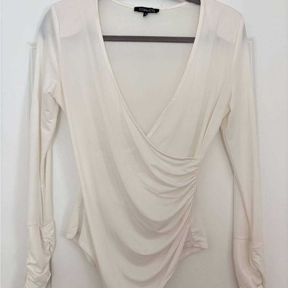 Ivory Wrap-Style Long Sleeve Bodysuit - Picture 3 of 8